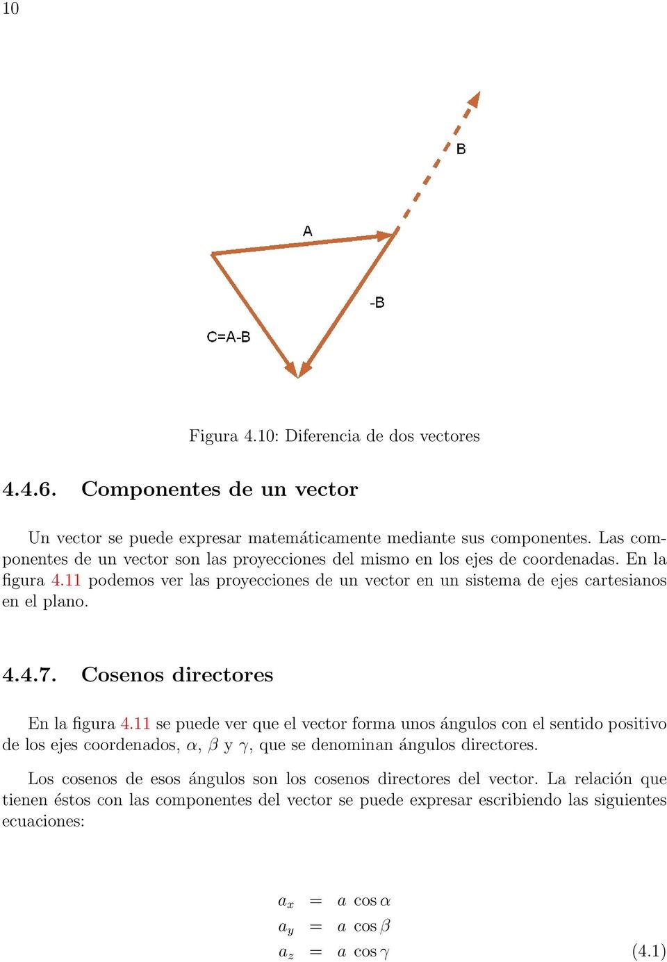 11 podemos ver las proyecciones de un vector en un sistema de ejes cartesianos en el plano. 4.4.7. Cosenos directores En la figura 4.