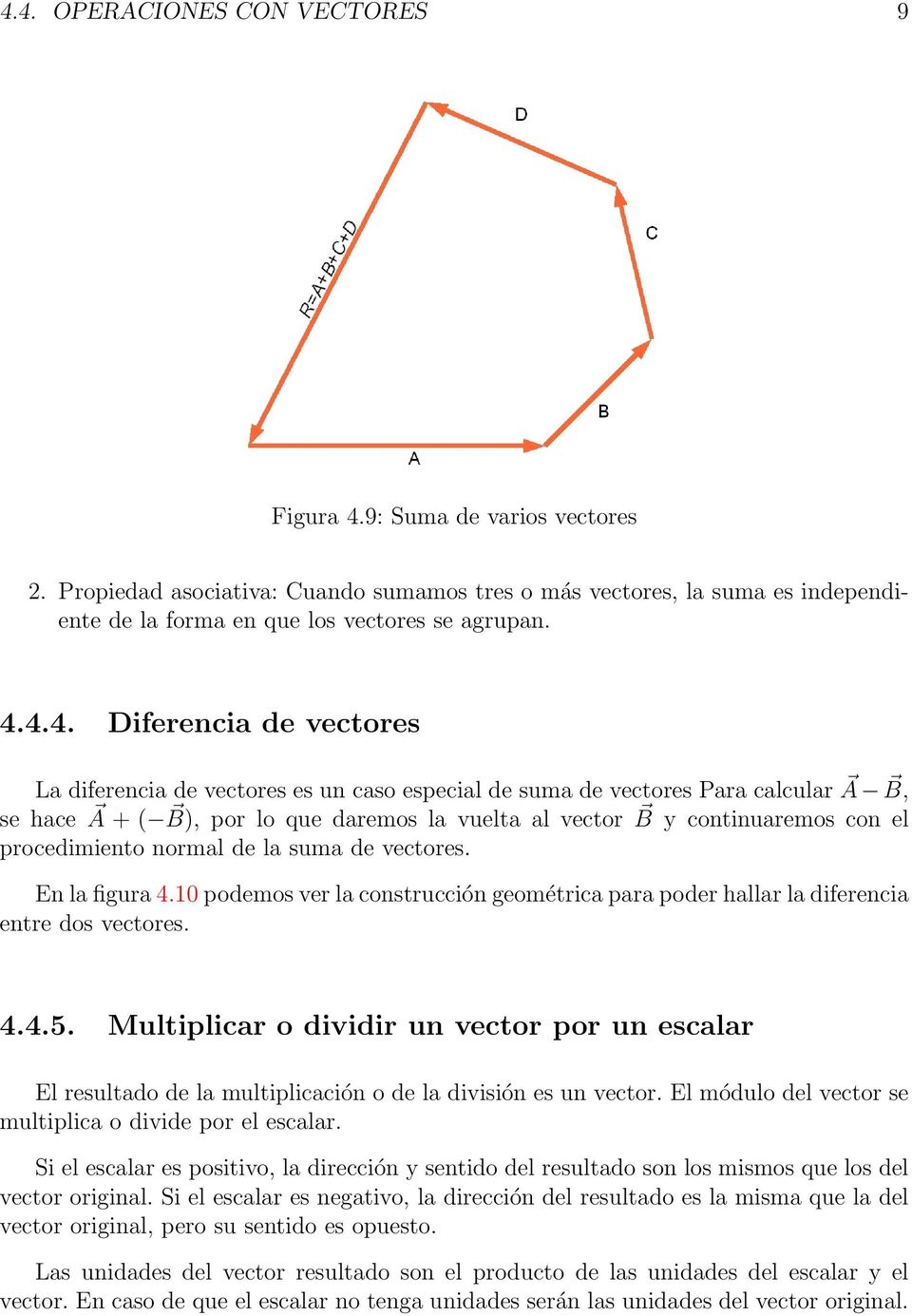 procedimiento normal de la suma de vectores. En la figura 4.10 podemos ver la construcción geométrica para poder hallar la diferencia entre dos vectores. 4.4.5.