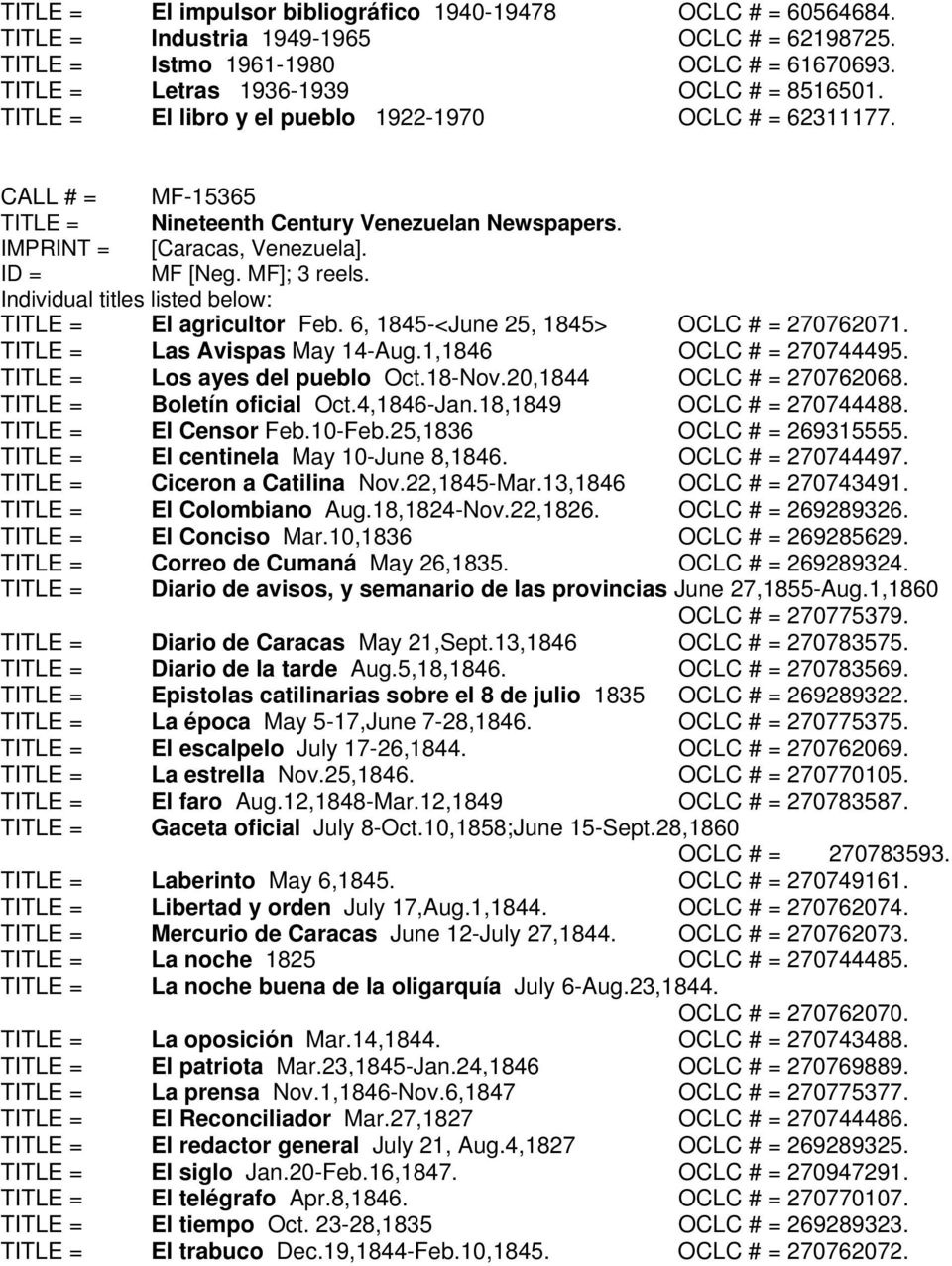6, 1845-<June 25, 1845> OCLC # = 270762071. Las Avispas May 14-Aug.1,1846 OCLC # = 270744495. Los ayes del pueblo Oct.18-Nov.20,1844 OCLC # = 270762068. Boletín oficial Oct.4,1846-Jan.