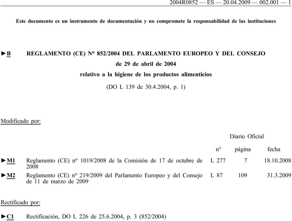 EUROPEO Y DEL CONSEJO de 29 de abril de 2004 relativo a la higiene de los productos alimenticios (DO L 139 de 30.4.2004, p.