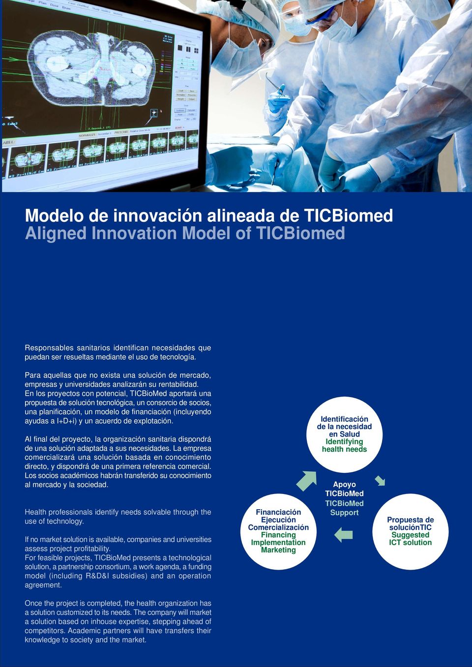 En los proyectos con potencial, TICBioMed aportará una propuesta de solución tecnológica, un consorcio de socios, una planificación, un modelo de financiación (incluyendo ayudas a I+D+i) y un acuerdo