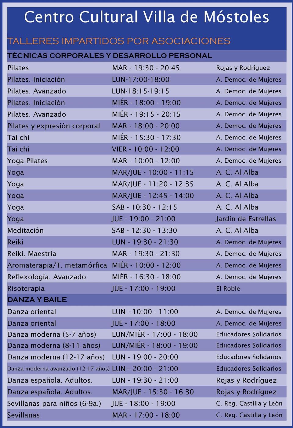 Democ. de Mujeres Tai chi MIÉR - 15:30-17:30 A. Democ. de Mujeres Tai chi VIER - 10:00-12:00 A. Democ. de Mujeres Yoga-Pilates MAR - 10:00-12:00 A. Democ. de Mujeres Yoga MAR/JUE - 10:00-11:15 A. C.