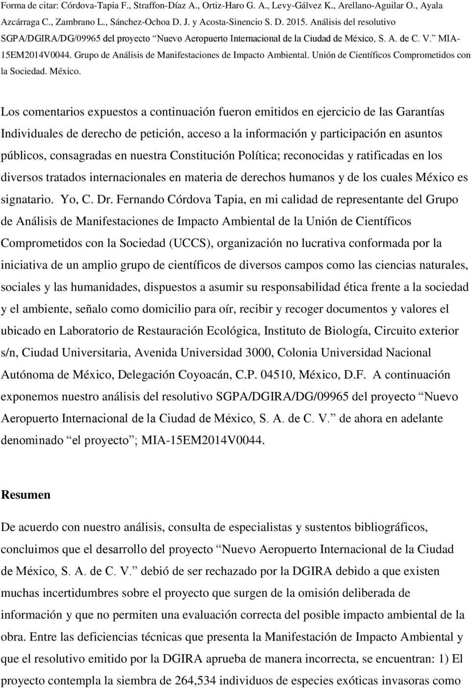 Grupo de Análisis de Manifestaciones de Impacto Ambiental. Unión de Científicos Comprometidos con la Sociedad. México.