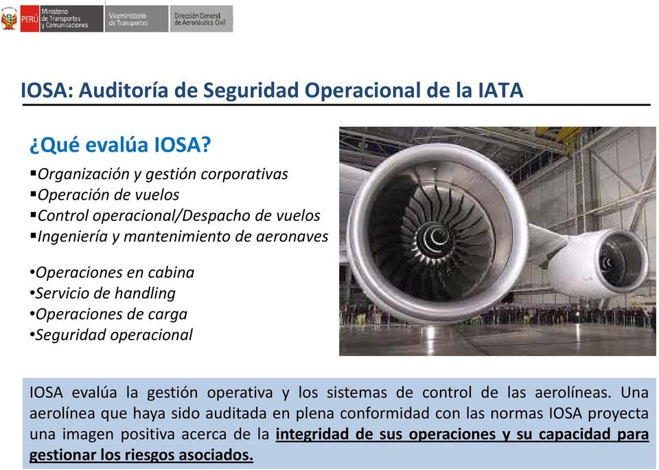 Operaciones en cabina Serviciode handling Operaciones de carga Seguridad operacional IOSA evalúa la gestión operativa y los sistemas de