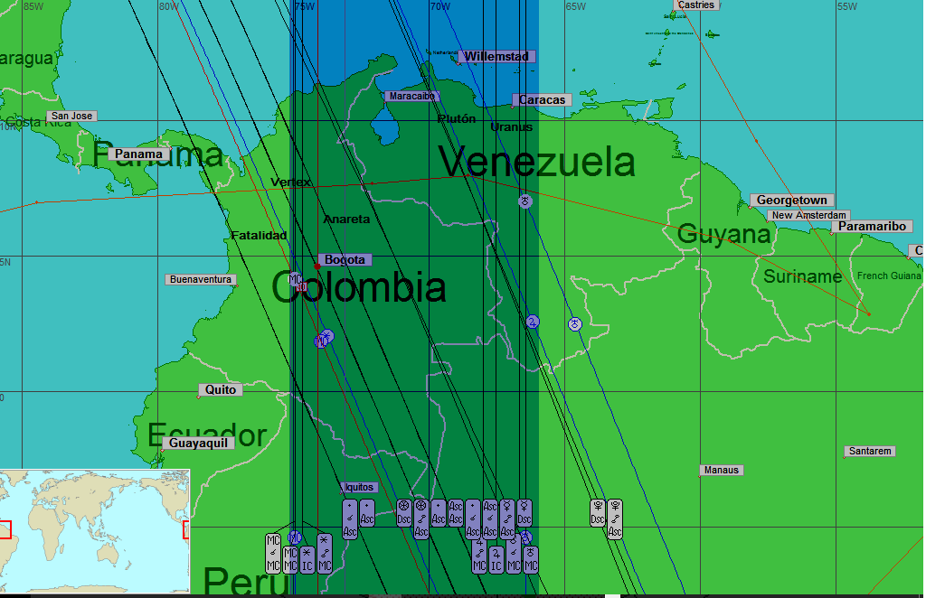 ASTROCARTOGRAFIA En el siguiente mapa de Colombia, observamos cómo sobre el centro del país pasan dos Partes Arábigas, el del
