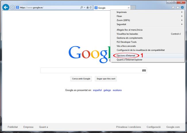 - Internet Explorer: 1. S ha d accedir a "Eines", "Opcions d'internet" (1).
