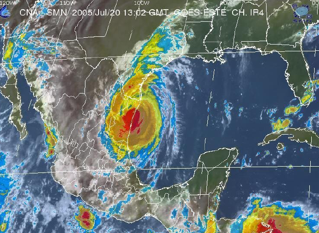 Figura 7. Segundo impacto en México del huracán Emily sobre Tamaulipas. Imagen de satélite GOES 12 del día 22 de julio (CNA-GRGC).
