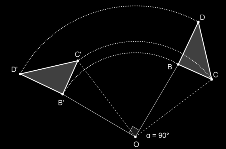 Se indica: R (O, +90º) (BCD) = (B C D ) En la figura sólo se indica el sentido y la medida del ángulo de rotación aplicado a B.