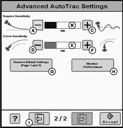 Configuración inicial Seguidor (tractor) Ajustes avanzados de AutoTrac, página 1 NOTA: Antes de cambiar los parámetros, anotar los valores actuales para poder usarlos en las operaciones de