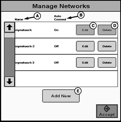 Configuración de red Gestionar redes Si se necesitan redes múltiples, las mismas aparecerán en la página Gestión de redes. El operador puede seleccionar la red deseada de la lista.