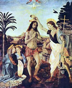 Leonardo y Verrocchio: Bautismo de Cristo (detalle del ángel pintado por Leonardo) Florencia, Galería de los Oficios Este bellísimo ángel, pintado por Leonardo en una tabla de su maestro, Andrés