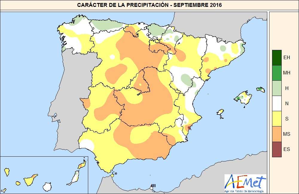 Precipitación Septiembre ha sido en su conjunto muy seco, con una precipitación media sobre España de 24 mm, lo que supone el 54 % de la media de este mes que es de 45 mm (Periodo de referencia