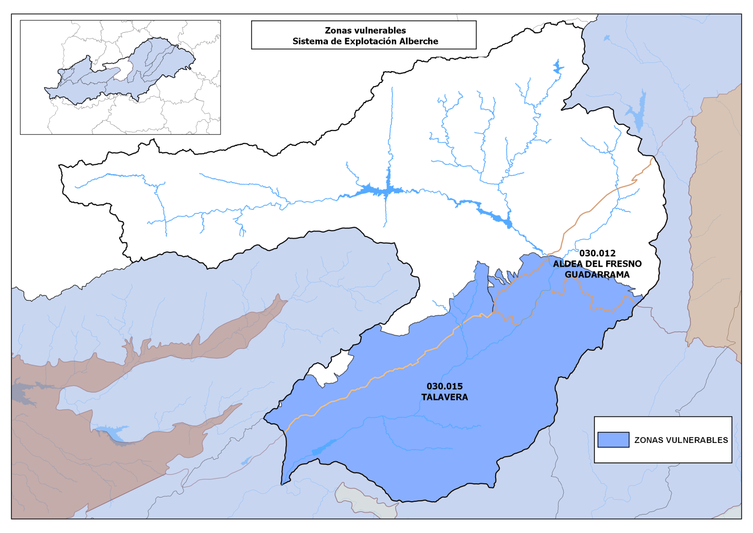 En el siguiente mapa se reflejan las zonas declaradas como vulnerables a la contaminación por nitratos procedentes de fuentes agrarias: Madrid-Talavera-Tiétar (Castilla-La