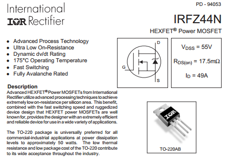 Para la parte de control se procede al diseño de la placa de potencia en las cuales se implementó un mosfet de potencia en este caso los IRFZ44N que tienes las siguientes características: Fuente: