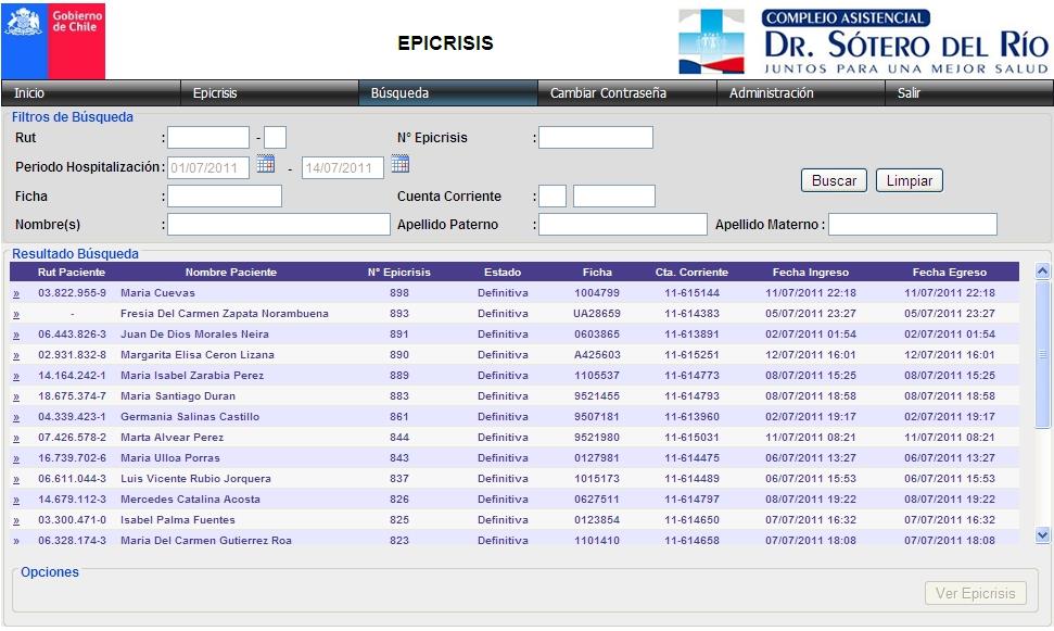 12 2.5 BÚSQUEDA DE EPICRISIS En esta pantalla se pueden buscar epicrisis de pacientes combinando todos los parámetros de búsqueda que tiene a su disposición,