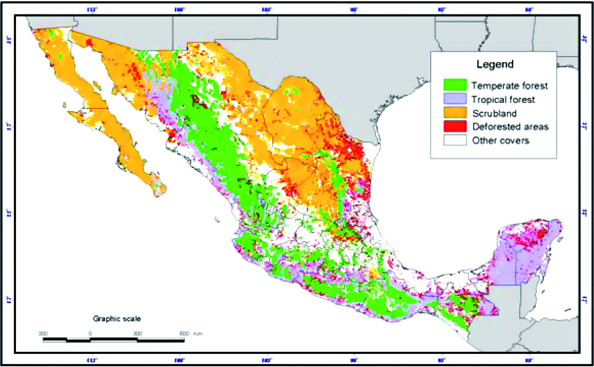 Mapa 1. Superficies deforestadas en las regiones de México. Sección: Investigación Fuente: Velazquez et al., 2005.