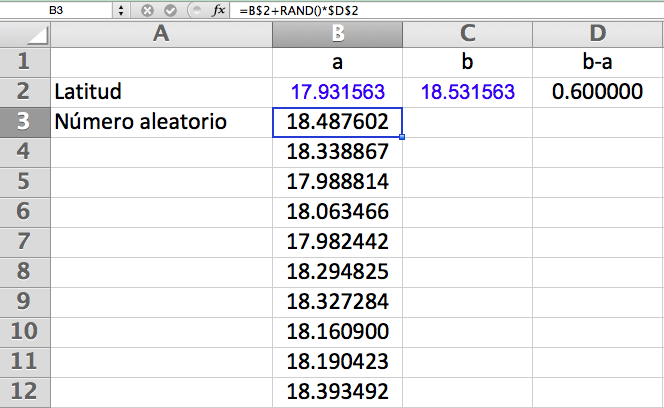 3. Use Excel para generar un punto aleatorio (latitud, longitud) de una distribución uniforme sobre los intervalos de la Tabla 1.