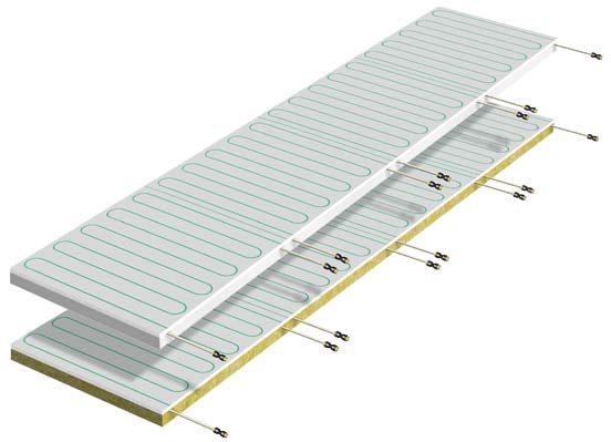 Paneles radiantes b!klimax+ 600x2400 en cartonyeso Panel radiante b!klimax+ compuesto por una placa en cartonyeso de 1.44 m² de superficie (600 mm x 2400 mm) y 12.5 mm de espesor.
