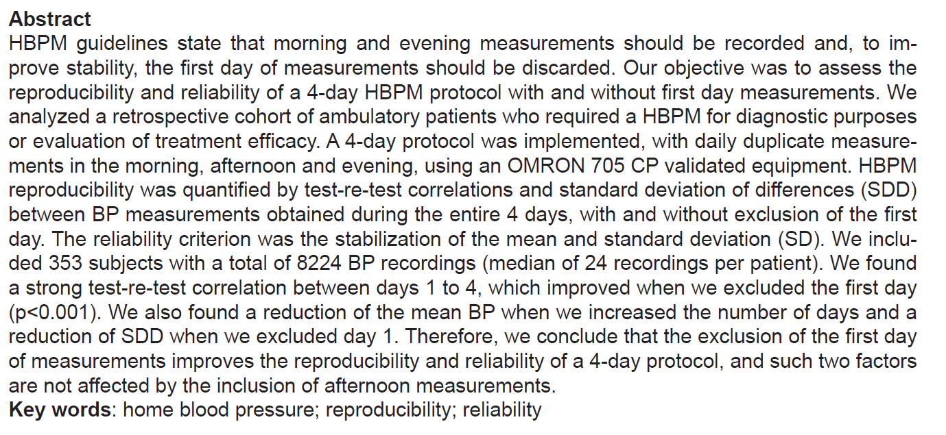 Reproducibility and Reliability of a 4-day HBPM Protocol with and without First Day Measurements Barochiner J, Cuffaro PE, Aparicio