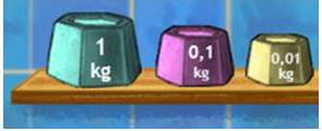 8 Muestre las siguientes pesas del episodio: P regunt e : Cómo representarían 0,36 kilogramos usando las pesas? Podríamos utilizar tres pesas de 0,1 kg y seis pesas de 0,01 kg.