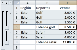 En cada cambio en la columna Deporte calcula el subtotal de la columna Ventas. 1. Ordene la columna que forma el grupo. 2. En el grupo Esquema de la ficha Datos, haga clic en Subtotal.