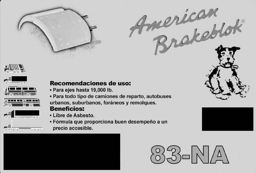 Formulación: La fórmula American Brakeblok 83-NA es fabricada con fibras aramídicas, grafitos y resina fenólica que generan un coeficiente de fricción FE.