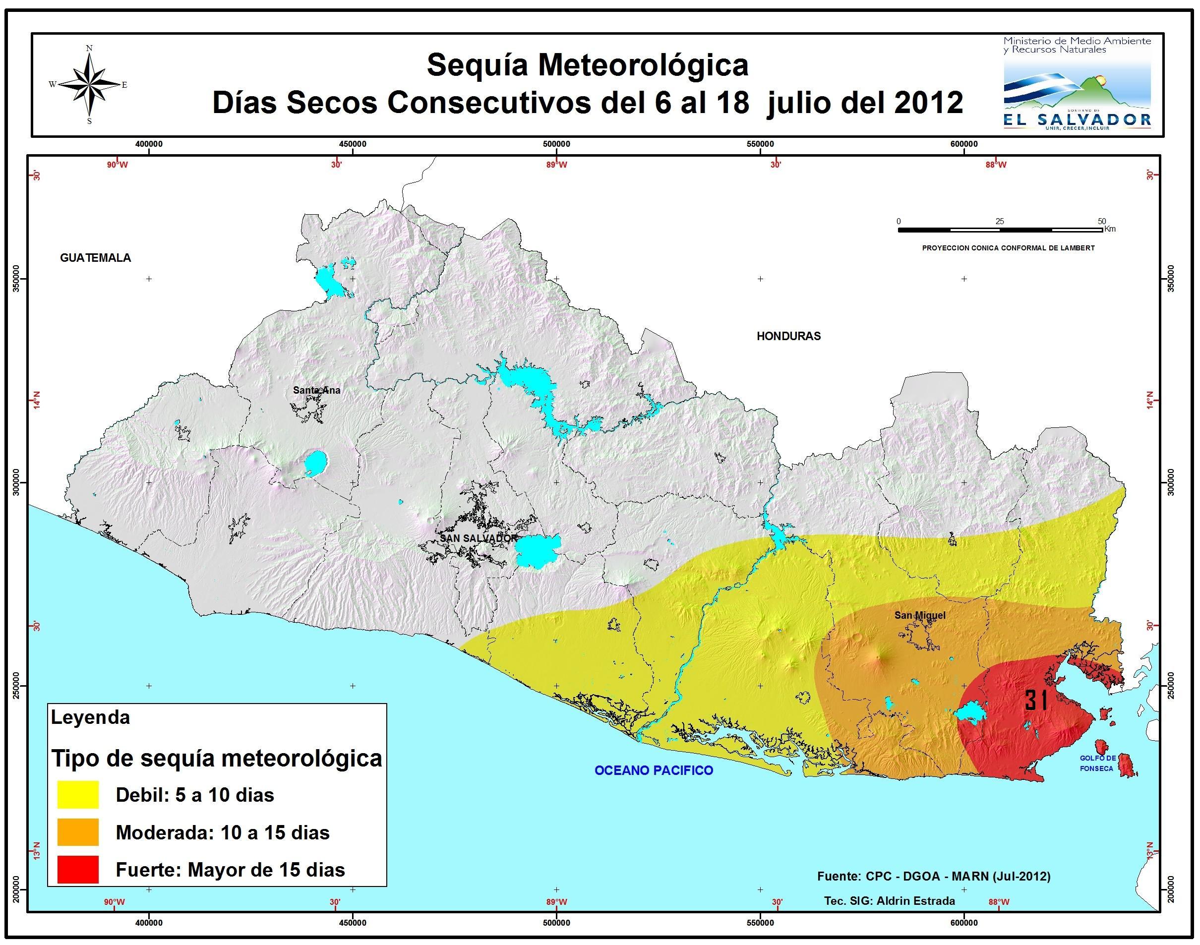 Mapa 3. Registro del número de días secos no consecutivos acumulados entre junio y julio, el máximo es de 45 días y se observa en La Unión y San Miguel de la zona Oriental del país. Mapa 4.
