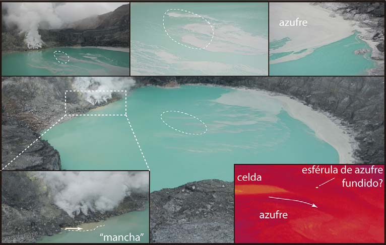 Figura 15: Fotos del lago el 30 de mayo mostrando celdas de convección débiles, una mancha de agua sucia a partir de la cueva del criptodomo (ver boletín de julio del 2012), 10-15% del área del lago