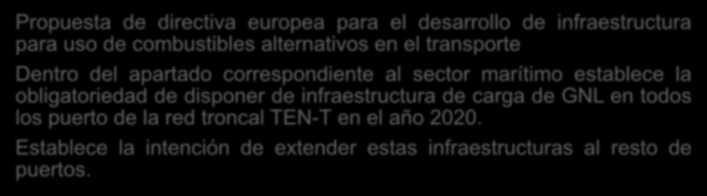 TRANSPORTE MARÍTIMO Propuesta de directiva europea para el desarrollo de infraestructura para uso de combustibles alternativos en el transporte Dentro del apartado correspondiente al sector marítimo