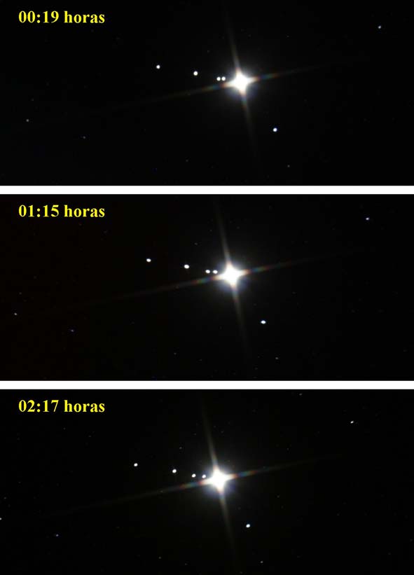 Se han tomado tres imágenes del conjunto planeta - satélites en los siguientes momentos: 00:19 horas; 1:15 horas y :17 horas el día 9 de Junio de 008.