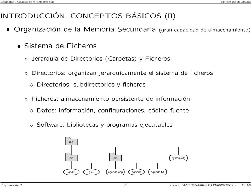 Directorios (Carpetas) y Ficheros Directorios: organizan jerarquicamente el sistema de ficheros Directorios, subdirectorios y ficheros