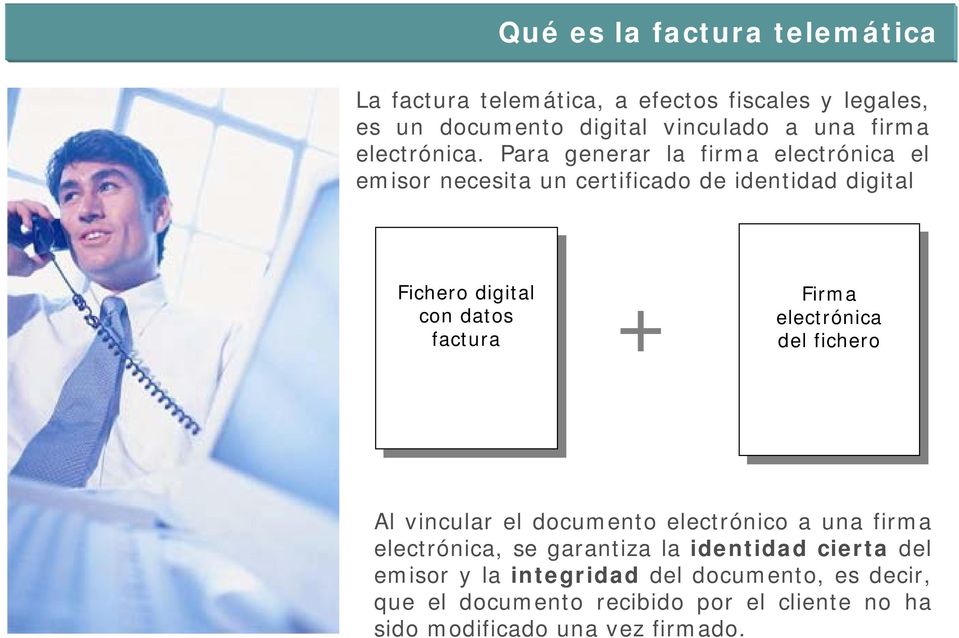 Para generar la firma electrónica el emisor necesita un certificado de identidad digital Fichero Fichero digital digital + con con datos datos factura