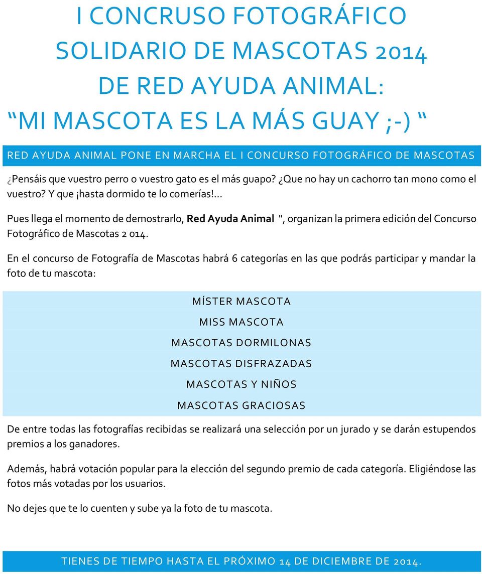 ... Pues llega el momento de demostrarlo, Red Ayuda Animal ", organizan la primera edición del Concurso Fotográfico de Mascotas 2 014.