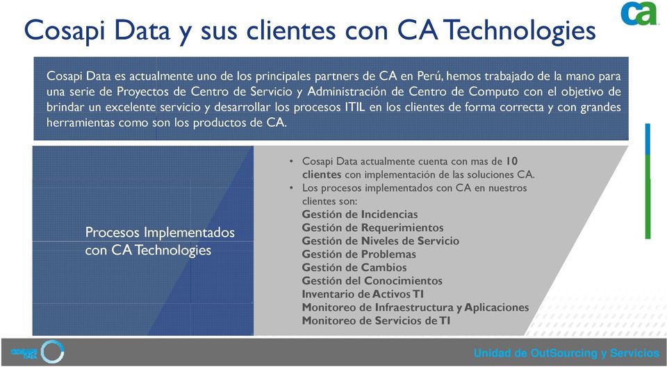 productos de CA. Procesos Implementados con CA Technologies Cosapi Data actualmente cuenta con mas de 10 clientes con implementación de las soluciones CA.