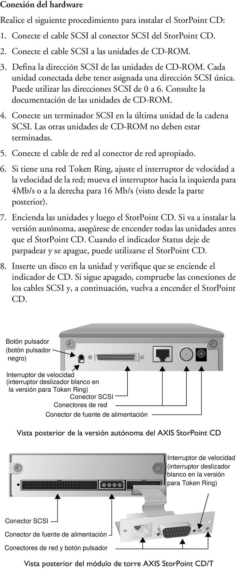 Consulte la documentación de las unidades de CD-ROM. 4. Conecte un terminador SCSI en la última unidad de la cadena SCSI. Las otras unidades de CD-ROM no deben estar terminadas. 5.