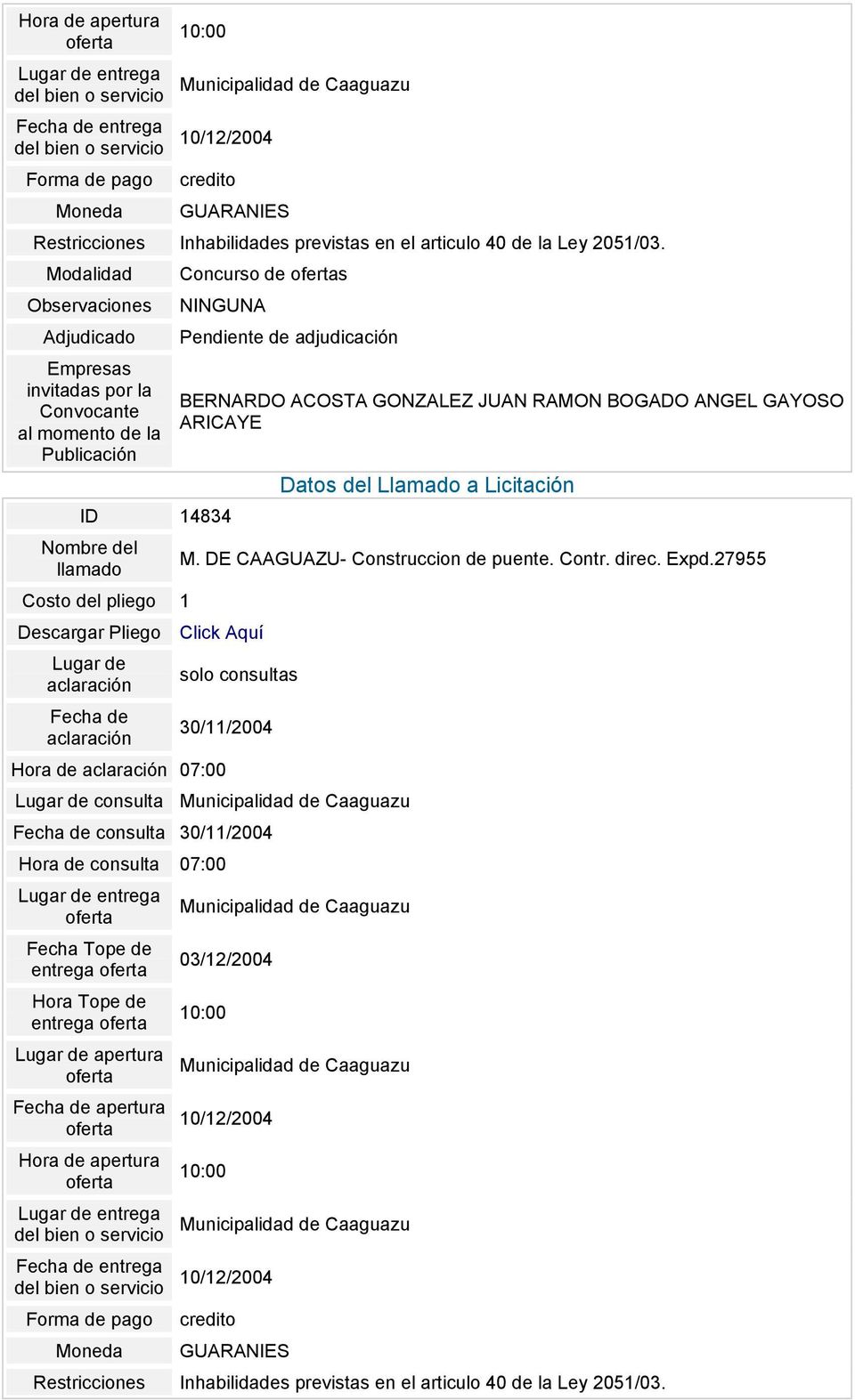 Datos del Llamado a Licitación M. DE CAAGUAZU- Construccion de puente. Contr. direc. Expd.