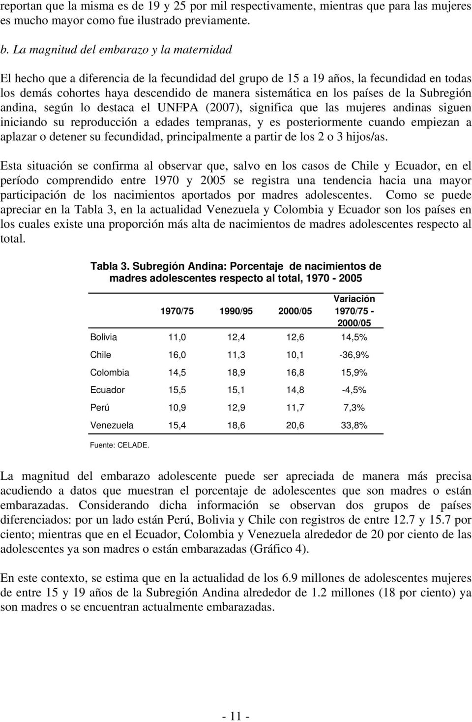 países de la Subregión andina, según lo destaca el UNFPA (2007), significa que las mujeres andinas siguen iniciando su reproducción a edades tempranas, y es posteriormente cuando empiezan a aplazar o