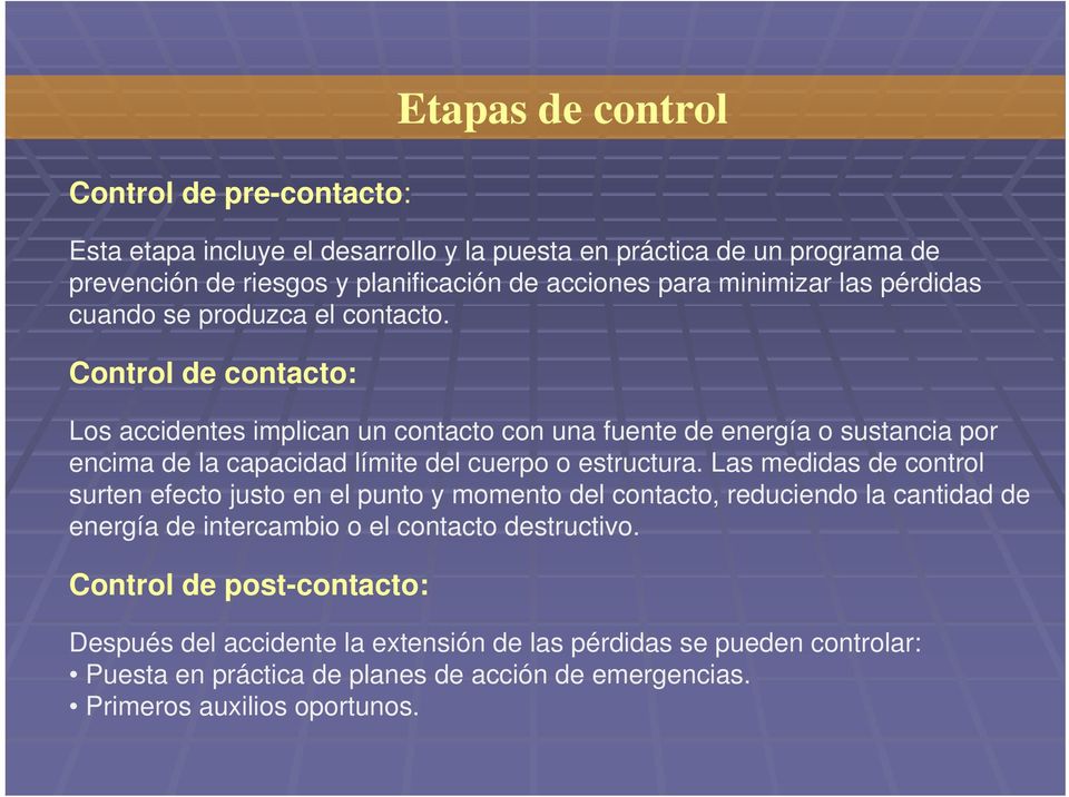 Control de contacto: Los accidentes implican un contacto con una fuente de energía o sustancia por encima de la capacidad límite del cuerpo o estructura.