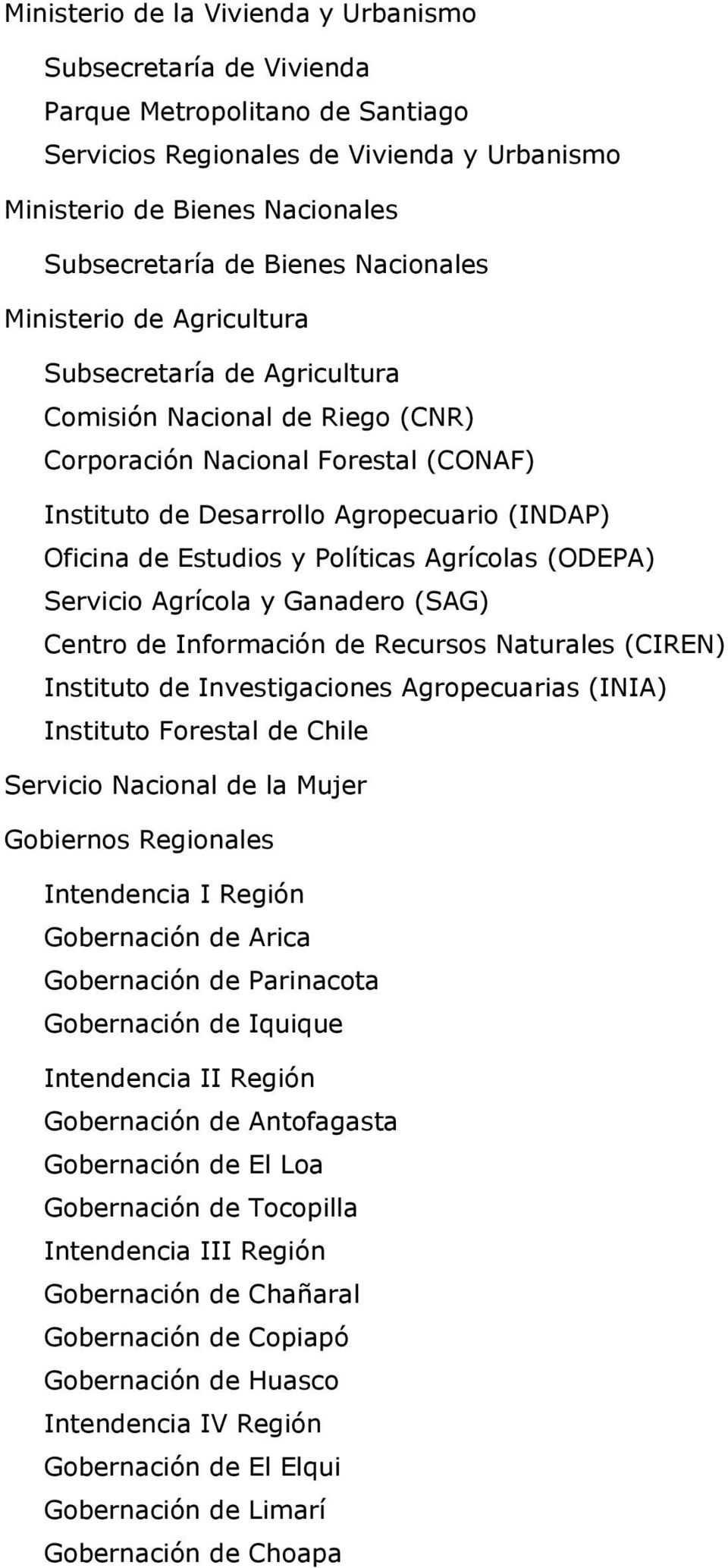 Estudios y Políticas Agrícolas (ODEPA) Servicio Agrícola y Ganadero (SAG) Centro de Información de Recursos Naturales (CIREN) Instituto de Investigaciones Agropecuarias (INIA) Instituto Forestal de