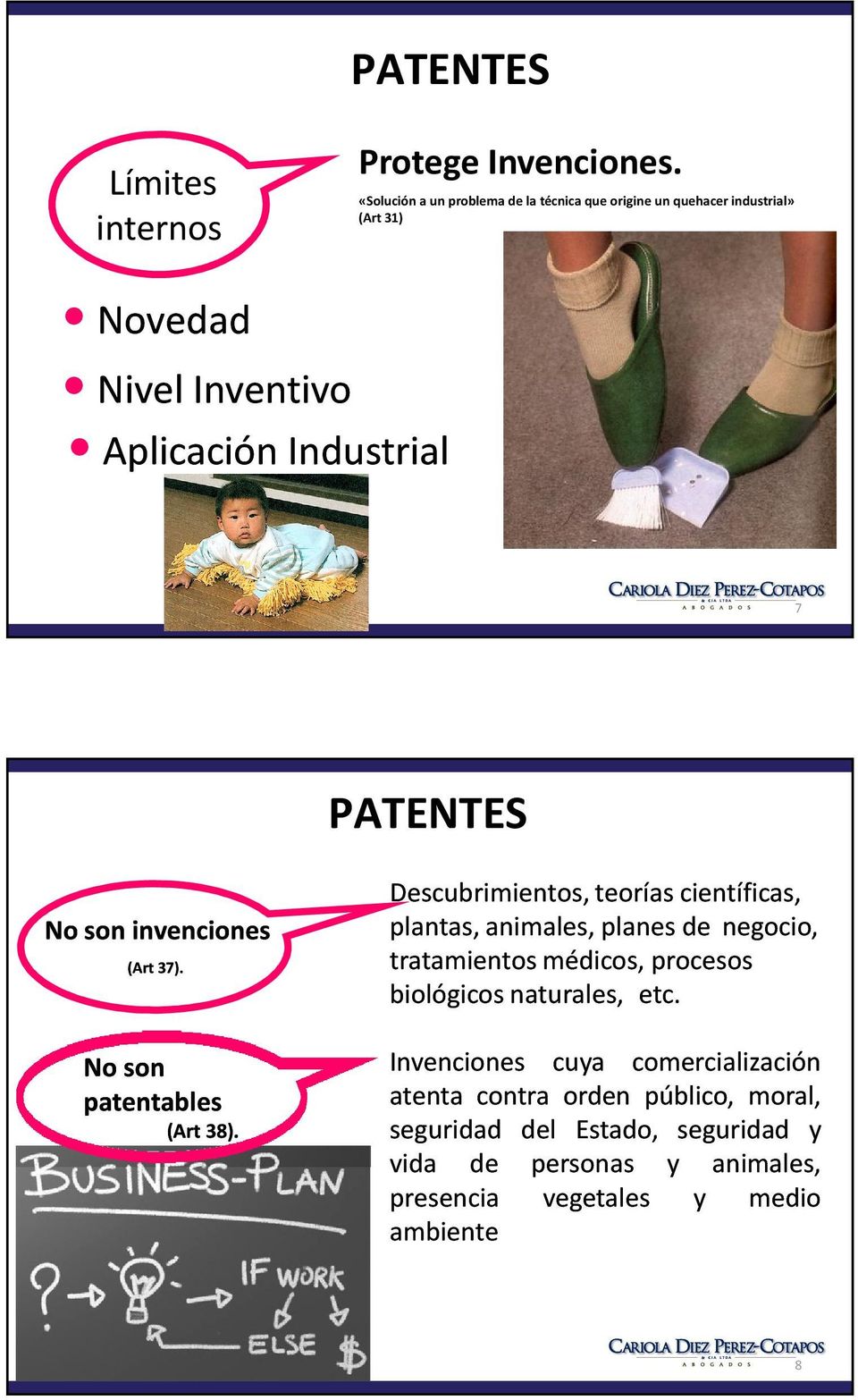 PATENTES No son invenciones (Art 37). No son patentables (Art 38).