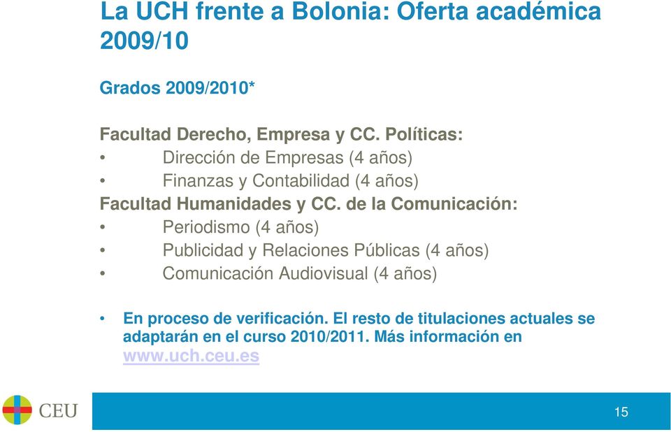 de la Comunicación: Periodismo (4 años) Publicidad y Relaciones Públicas (4 años) Comunicación Audiovisual (4