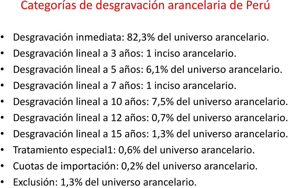Desgravación lineal a 7 años: 1 inciso arancelario. Desgravación lineal a 10 años: 7,5% del universo arancelario.