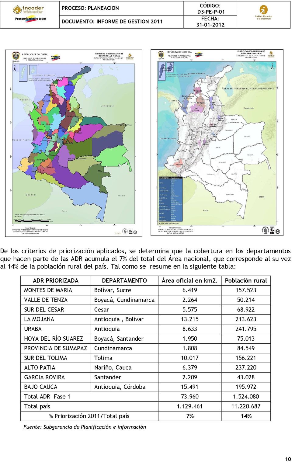 Población rural MONTES DE MARIA ADR PRIORIZADA Bolívar, Sucre DEPARTAMENTO 6.419 157.523 VALLE DE TENZA Boyacá, Cundinamarca 2.264 50.214 SUR DEL CESAR Cesar 5.575 68.