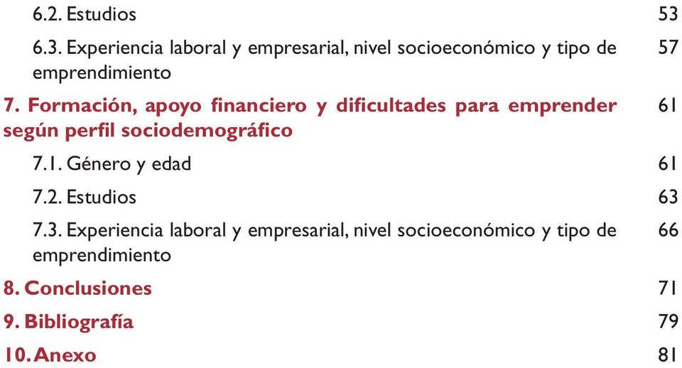 Formación, apoyo financiero y dificultades para emprender según perfil sociodemográfico 7.1.