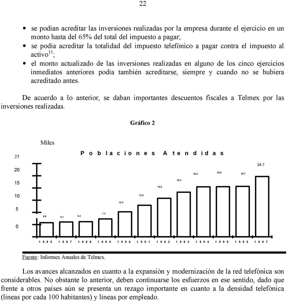 hubiera acreditado antes. De acuerdo a lo anterior, se daban importantes descuentos fiscales a Telmex por las inversiones realizadas. Gráfico 2 Miles 25 P o b la c io n e s A te n d id a s 20 20.4 20.