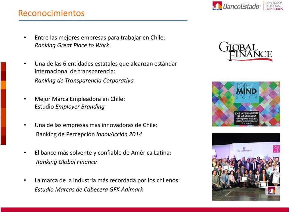 Employer Branding Una de las empresas mas innovadoras de Chile: Ranking de Percepción InnovAcción 2014 El banco más solvente y