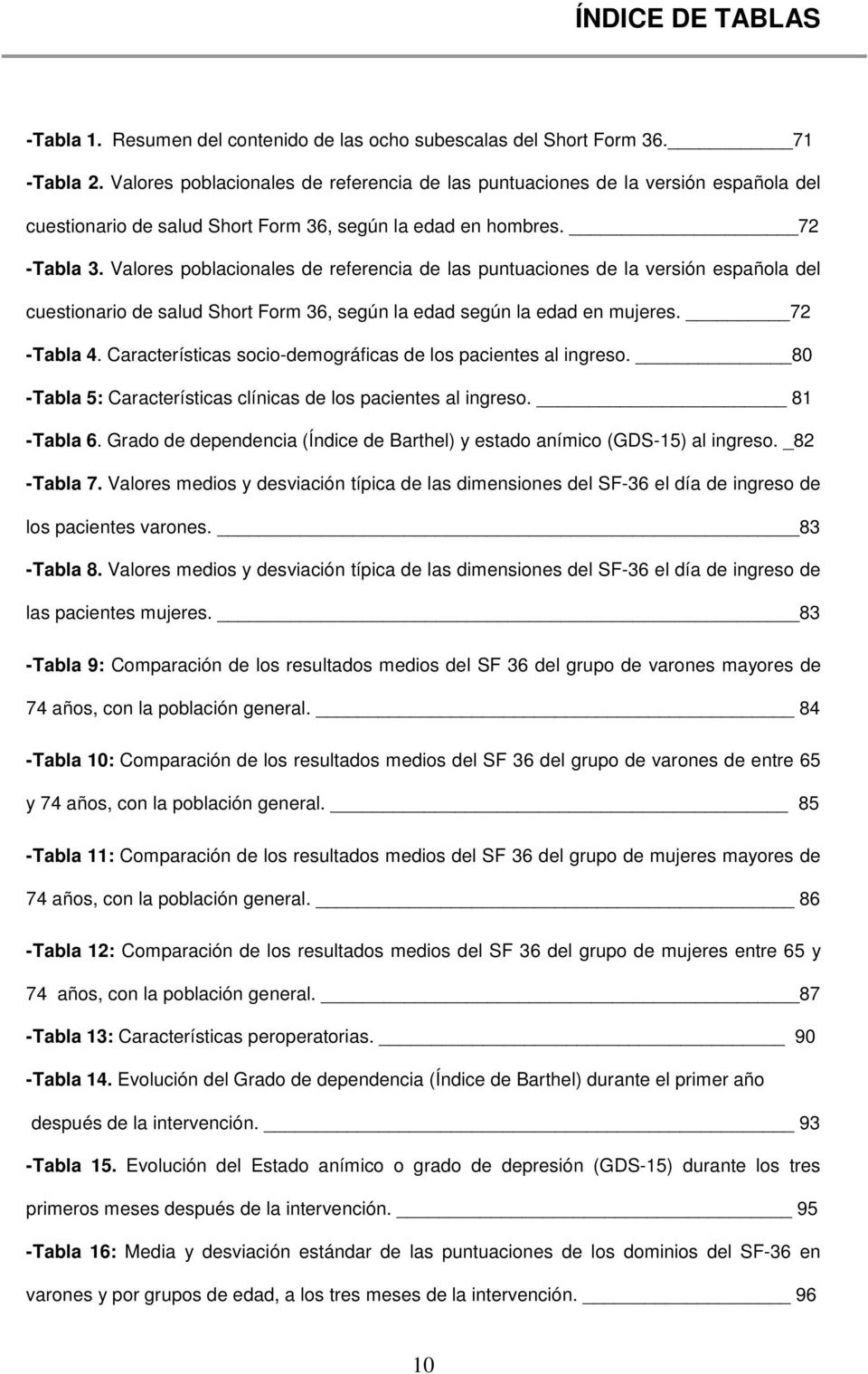 Valores poblacionales de referencia de las puntuaciones de la versión española del cuestionario de salud Short Form 36, según la edad según la edad en mujeres. 72 -Tabla 4.