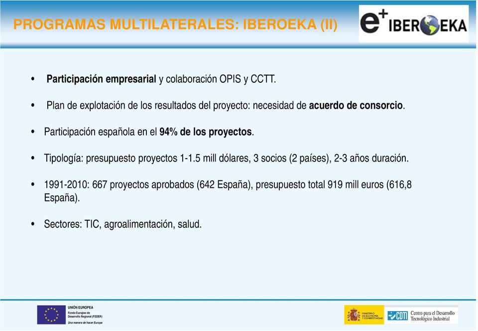 Participación española en el 94% de los proyectos. Tipología: presupuesto proyectos 1-1.