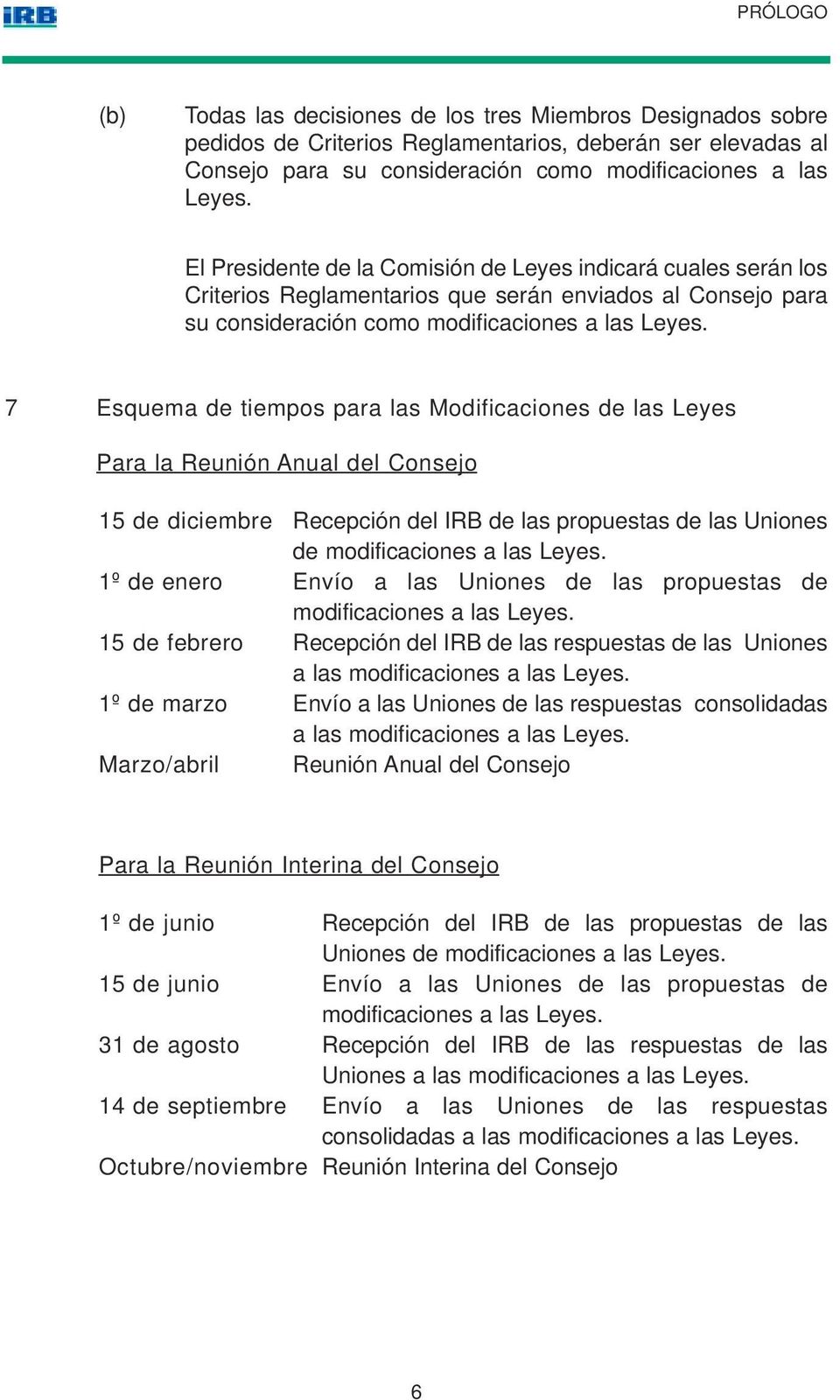 7 Esquema de tiempos para las Modificaciones de las Leyes Para la Reunión Anual del Consejo 15 de diciembre Recepción del IRB de las propuestas de las Uniones de modificaciones a las Leyes.