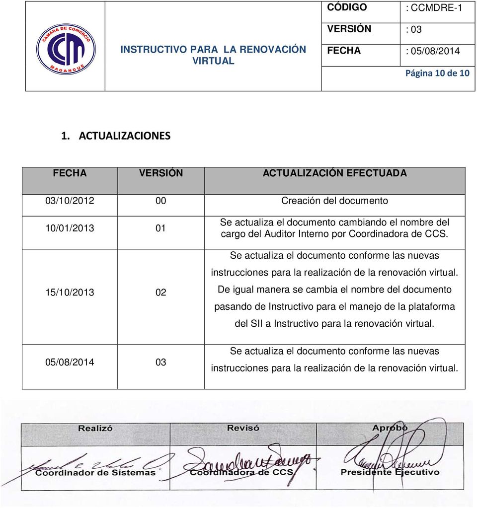 documento cambiando el nombre del cargo del Auditor Interno por Coordinadora de CCS.